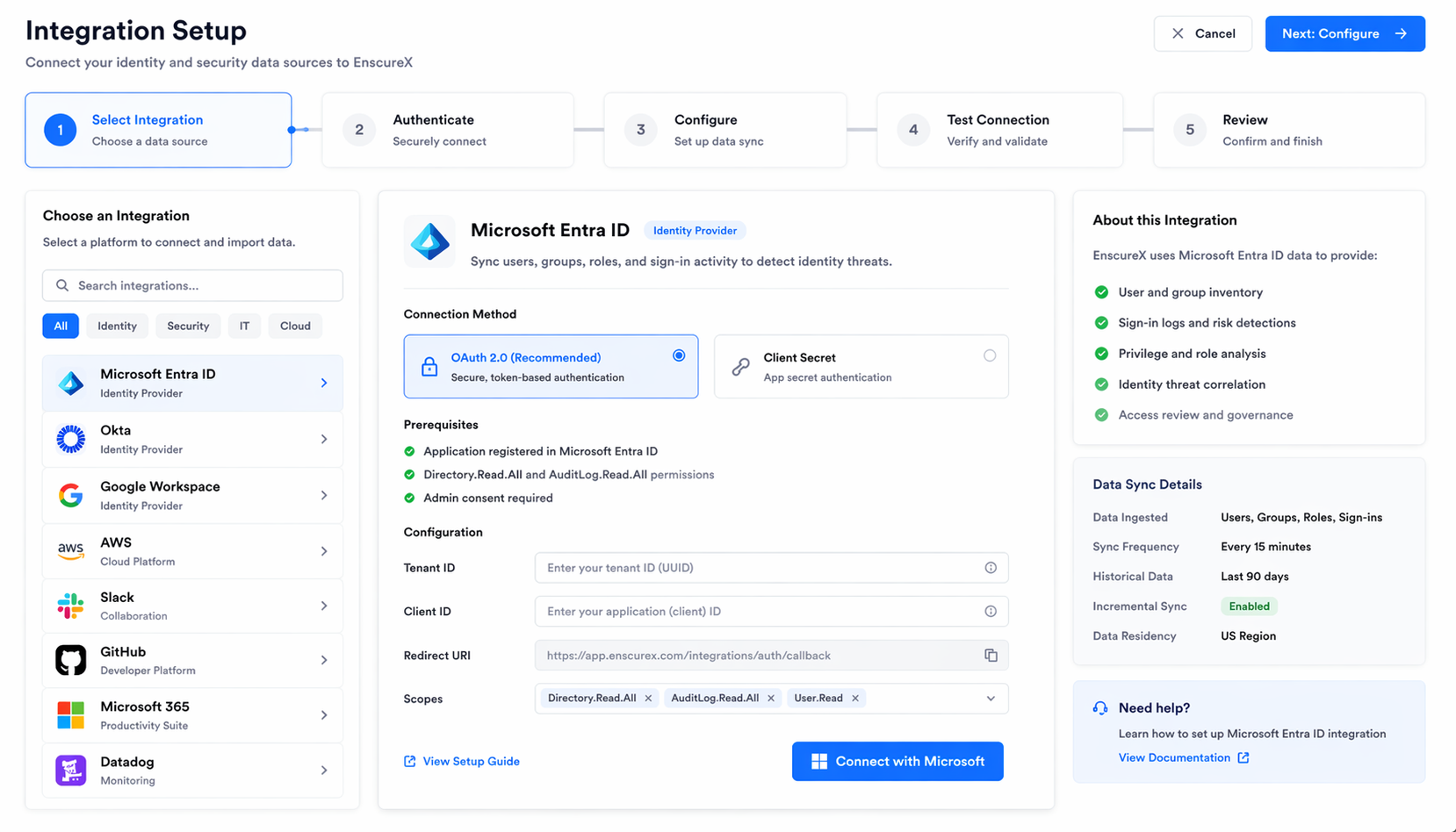Integration setup wizard